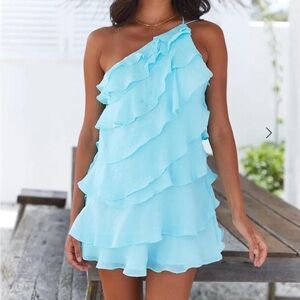 Hello Molly One-Shoulder Ruffle Dress in Light Blue